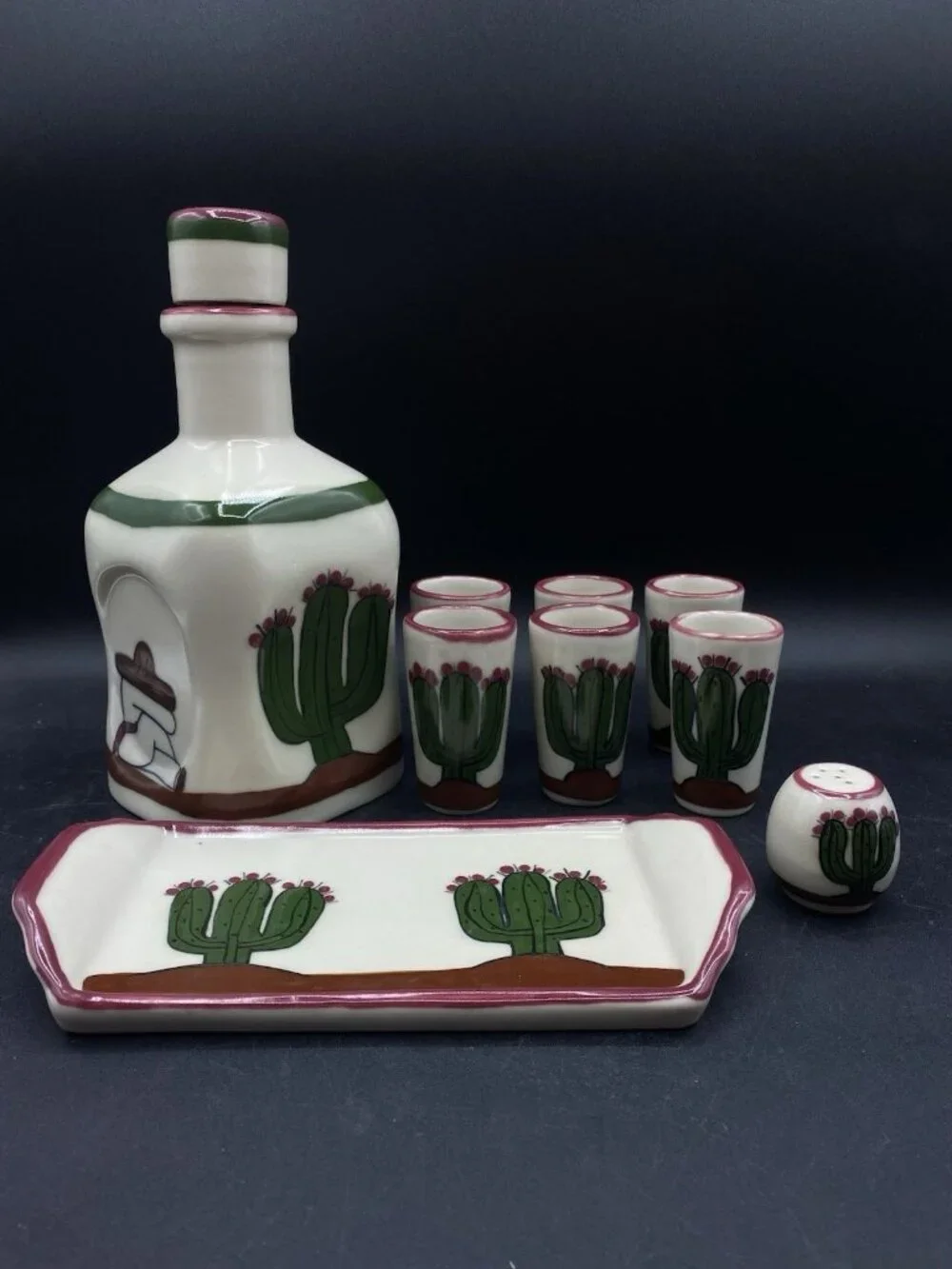 LM Mexico Tequila Sombrero Cactus Set Shot Glasses Salt Shaker Tray Vitrified ￼